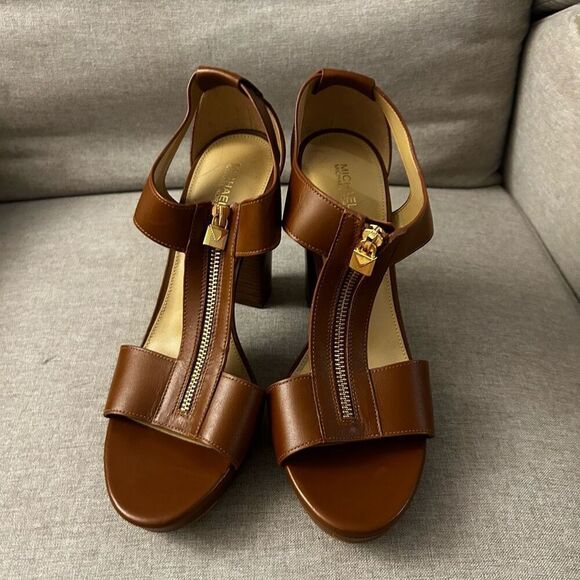 Michael Kors Berkley Mid Sandals Luggage Brown Size 10 M Stacked Heel Zipper - Picture 2 of 8